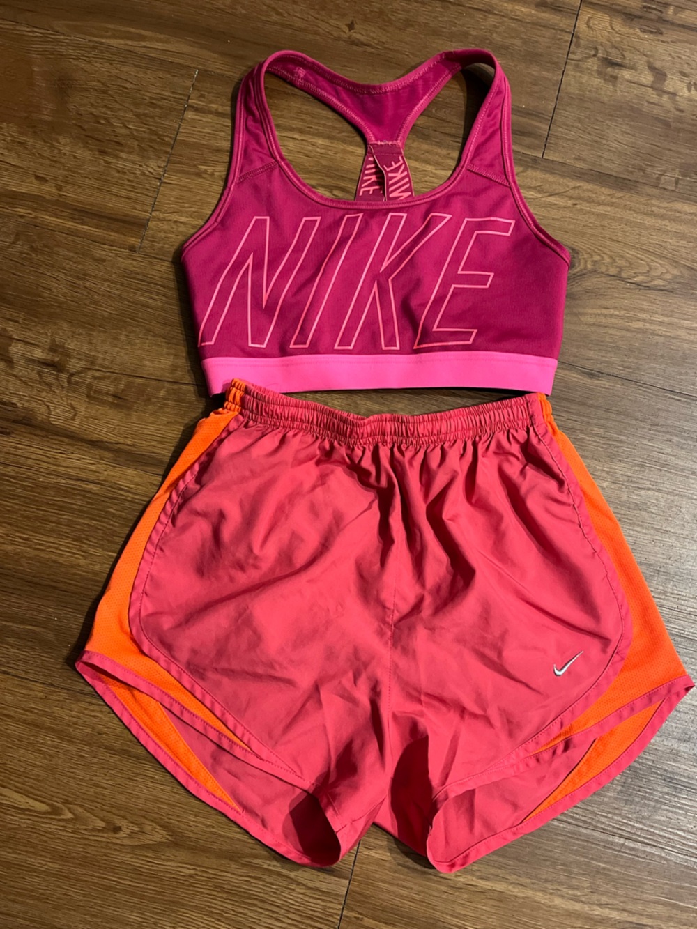 Nike Hot Pink Dri-FIT Sports Bra with Silver Logo Shorts(XS) Bra(S)